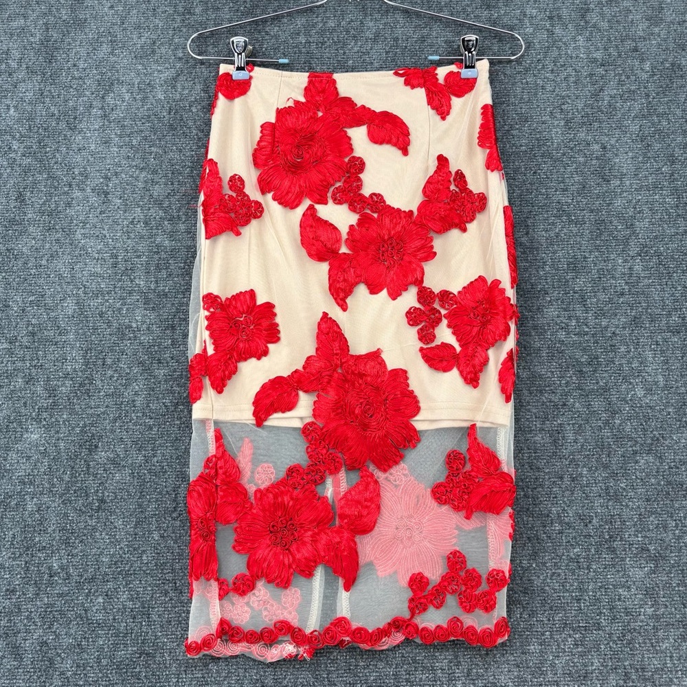 L'ATISTE Beige Red Floral Accents Pencil Skirt Women’s Small Sheer Sexy Classic
